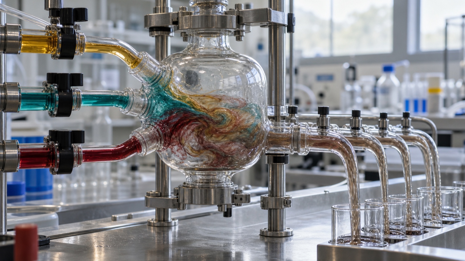 Colored liquid streams entering a transparent laboratory mixing chamber