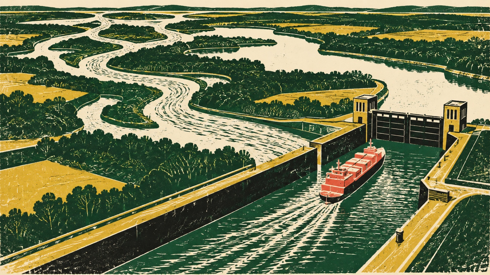 Screen printed cargo vessel paused at a canal lock while its route remains visible